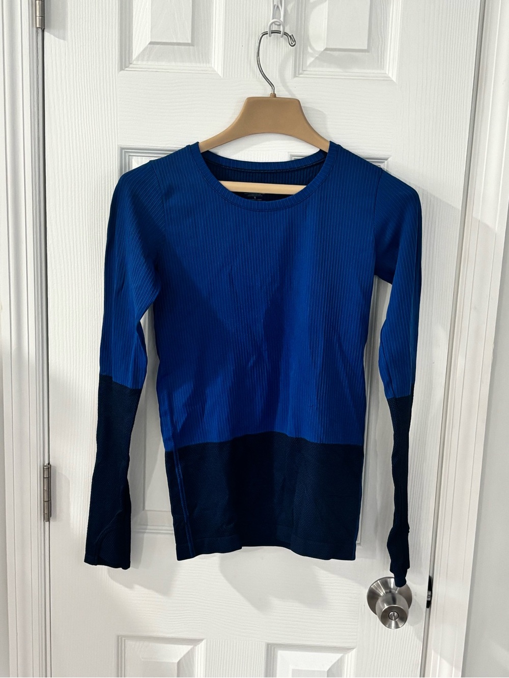Athleta Two-Tone Ribbed Long-Sleeve Top in Royal Blue and Navy - Picture 2 of 7